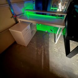 55" L-Shape Computer Desk With LED Lights, Power Outlets & Drawer Shelves