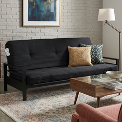 Black metal arm futon with a 6-inch tufted mattress both a sofa and a bed