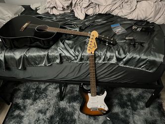 Fender CD-60S Acoustic + Squier Stratocaster Electric Guitar Bundle w/ New Elixir Strings, Tuner, Capo, Strap & More