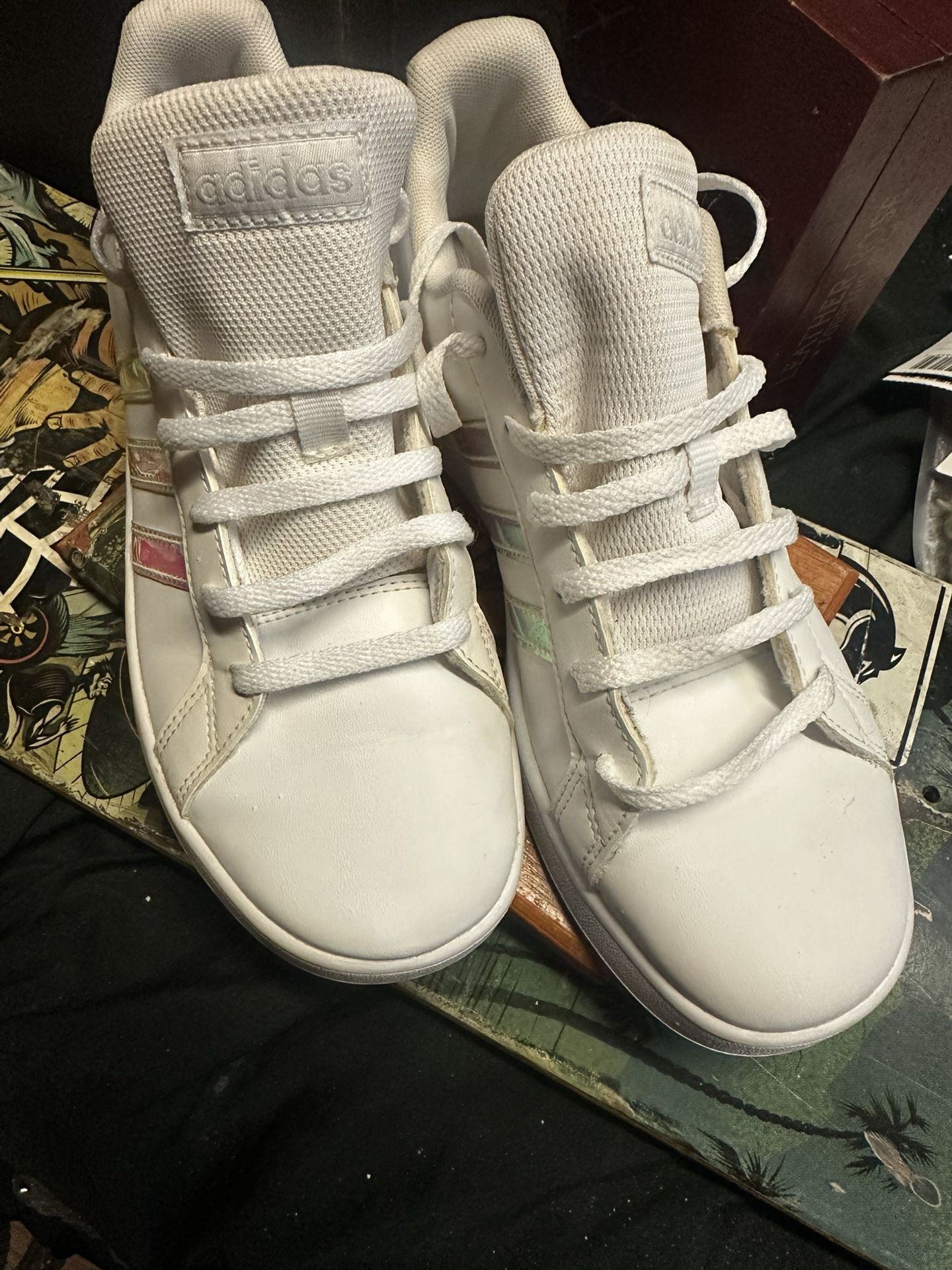 of adidas Grand Court 2.0 sneakers in white with iridescent stripes