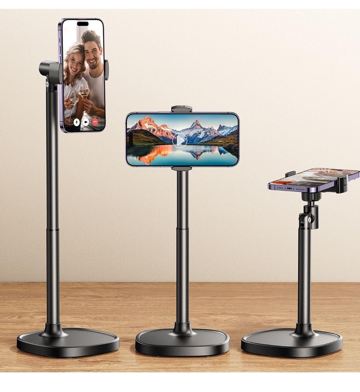 Phone Stand for Desk, Angle Height Adjustable Phone Holder for Desk, Aluminum Alloy Universal iPhone Stand Holder, Retractable Cell Phone Stand Record