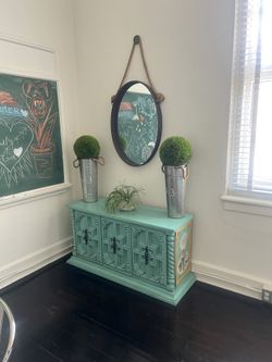 Vintage Chalk Painted Turquoise Dining Room Buffet Table. Measures 49 x 16 inches and 26 inches in height. Matching dining table posted separately. Re