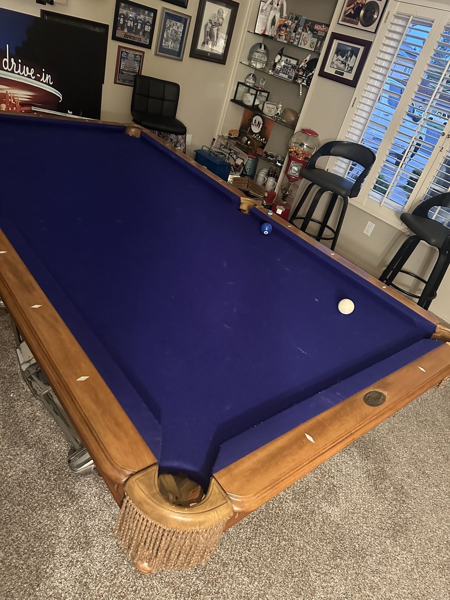 Pool Table Great Condition, Blue Feel With Pool Cue’s And Corner Cue Rack