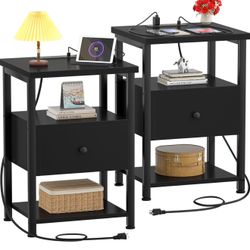 Ecoprsio Nightstand Set of 2 w/ Charging Station – Black, Modern & Functional!