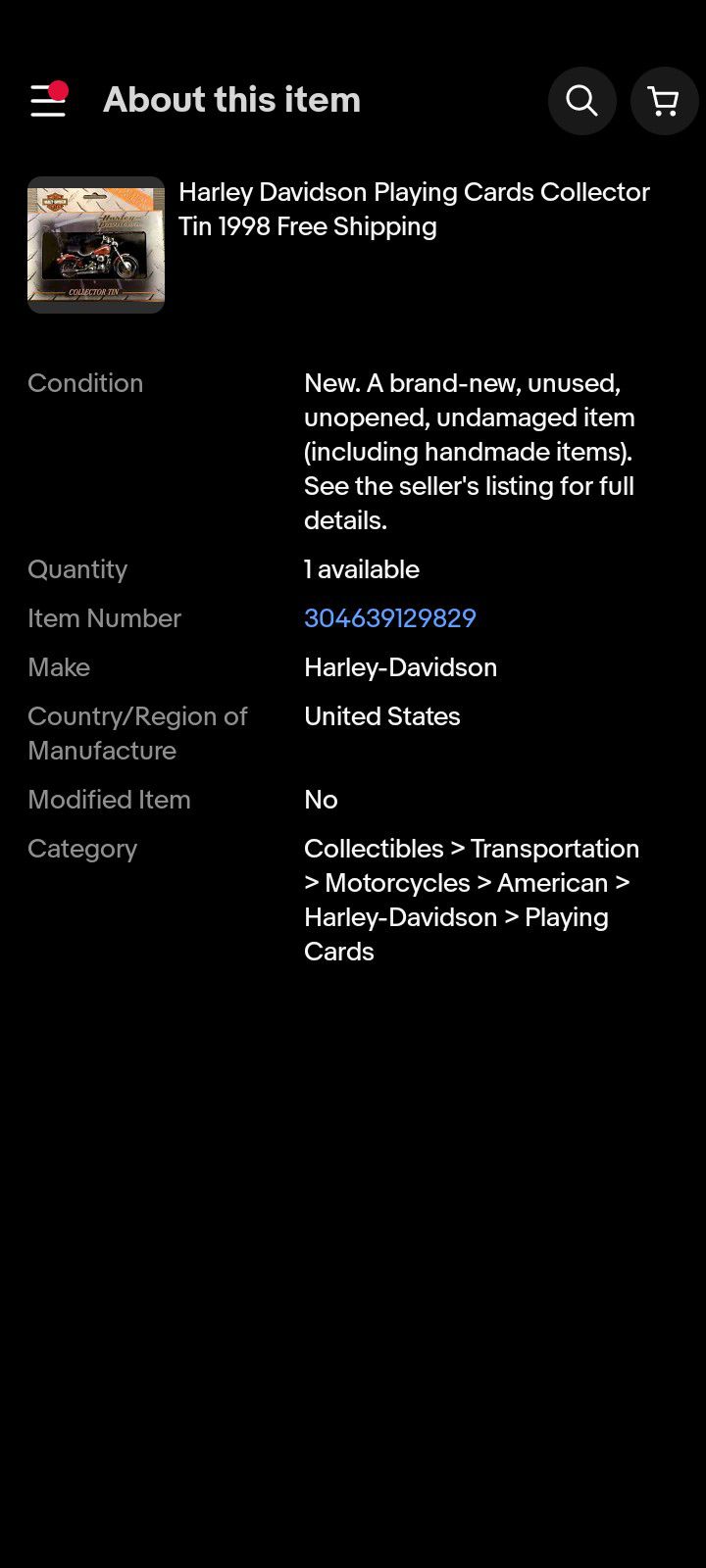 Harley Davidson Playing Cards Collectors Tin 1998