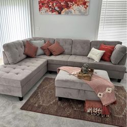 COSTCO Grey Chenille  Sectional Couch And Ottoman