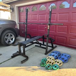 Squad Rack Adjustable Bench Bar And Weights 4x25 3x10 4x5