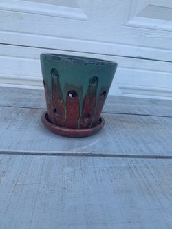 Vintage Style Ceramic Orchid Pot with Air Holes & Attached Saucer 5.5” Tall