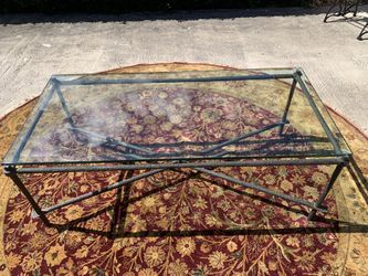 Sculptural Iron and Bevelled Glass Coffee Table In The Manner Of Diego Giacometti 59”L X 26”W X 21” H