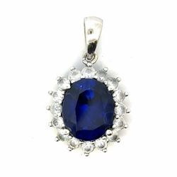 Woman’s Ladies 10k White Gold Blue And Clear CZ Cubic Zirconia Oval Pendant For Necklace GP3100411