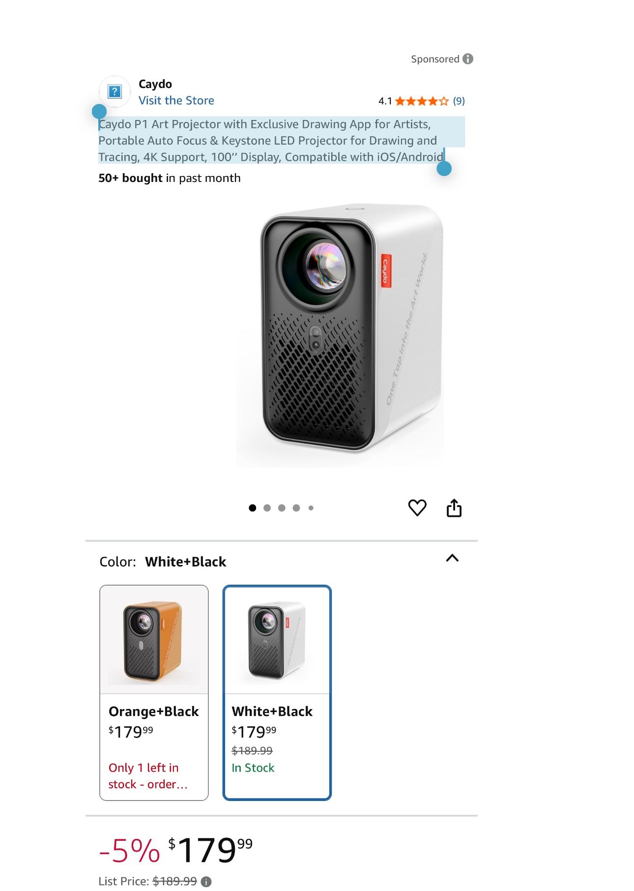 Caydo P1 Art Projector with Exclusive Drawing App for Artists, Portable Auto Focus & Keystone LED Projector for Drawing and Tracing, 4K Support, 100’’