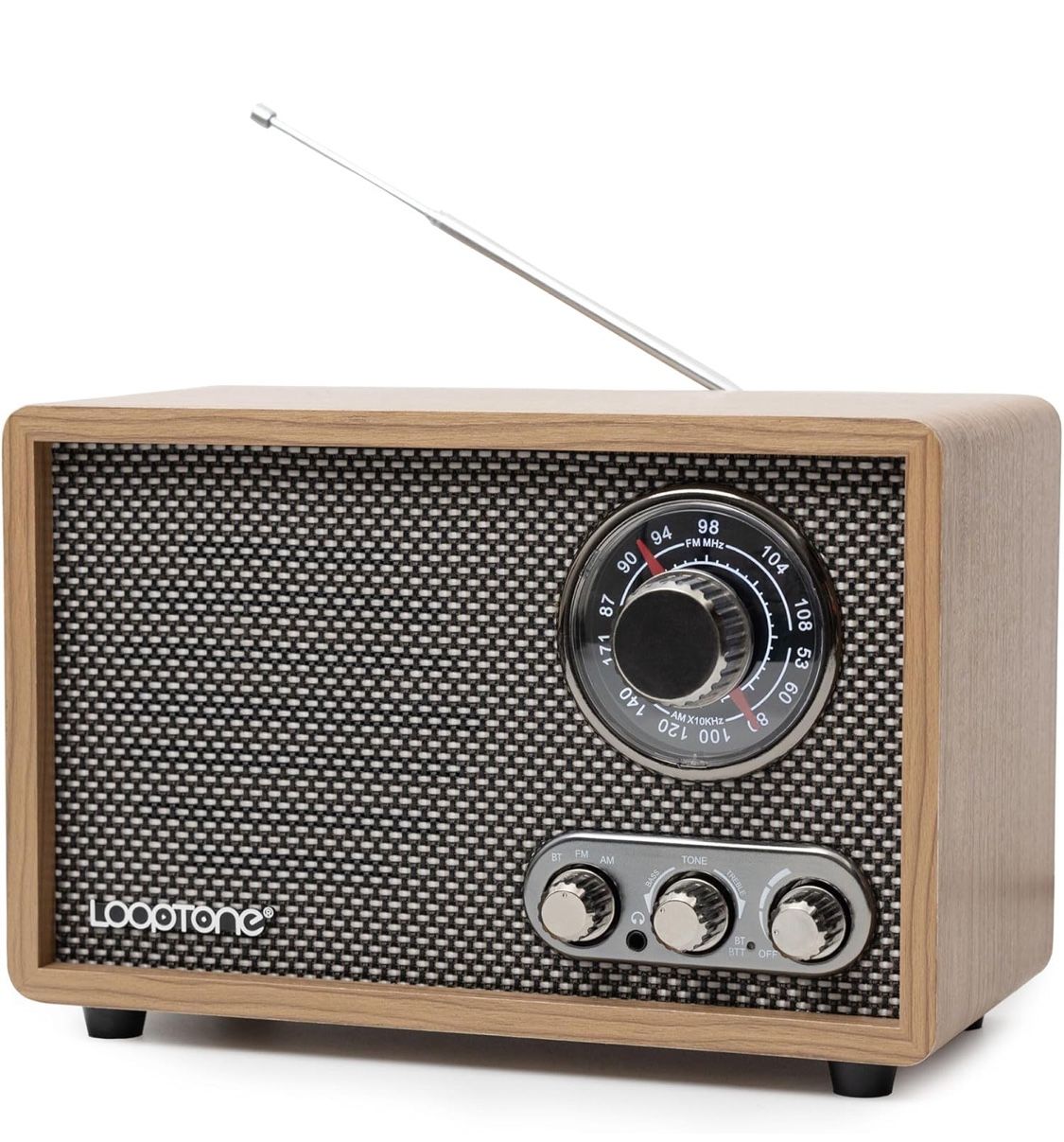 LoopTone AM FM Radio for Home,Bluetooth in/Out Retro Wood Radios with AUX in,Headphone Jack, Vintage Table Radio with Treble Bass Control for Kitchen 