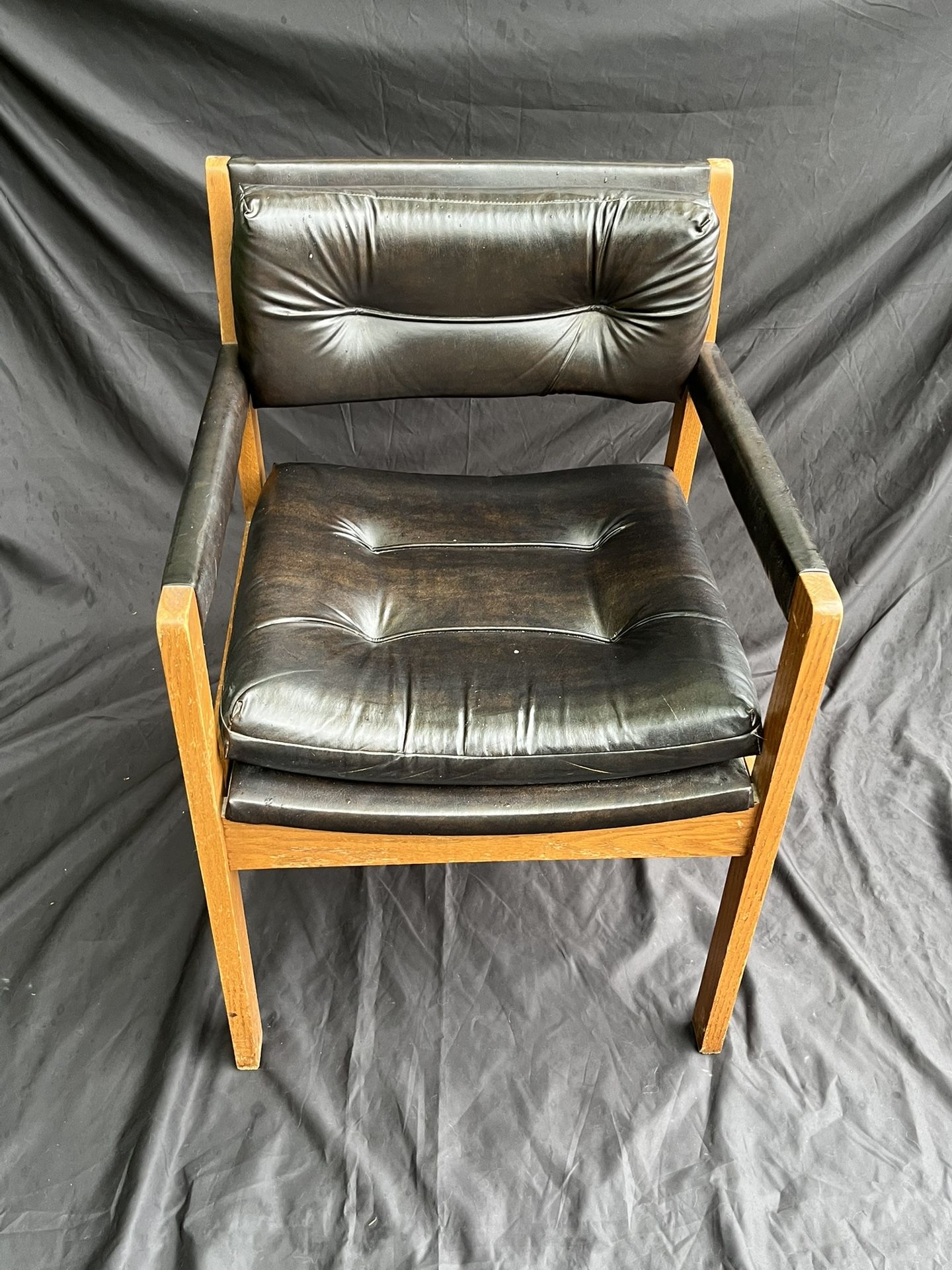 Vintage Mid-Century Modern Wood & Black Vinyl Armchair
