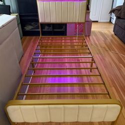 Twin Bed Frame Upholstered Headboard LED Lights