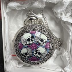 💀 Gothic Skull Floral Pocket Watch Necklace – Silver Tone | Unique Statement Piece