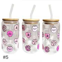 Fashion Clear Glass Tumbler Cup 16 oz Pink Doughnuts UV DTF Design Bamboo Lid