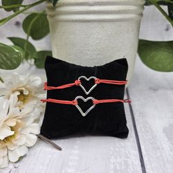 2 Silver red Heart Valentine adjustable bracelets or anklets