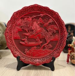 Plato Vintage de Cinabrio Made in Taiwán Plato Decorativo, Oriental.
