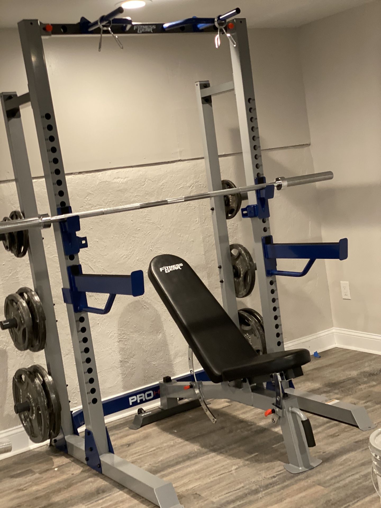 Home Gym Total Package Half Rack, Bench, weights, barbell, EZ curl