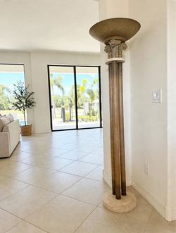 Rare Vintage Lion Head Column Torchiere Floor Lamp - 70" Tall - Travertine Base - Maitland Smith Style