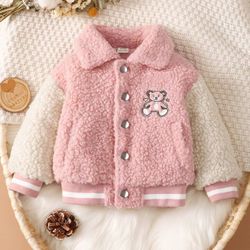 Baby Cartoon Embroidery Striped Trim Fleece Coat