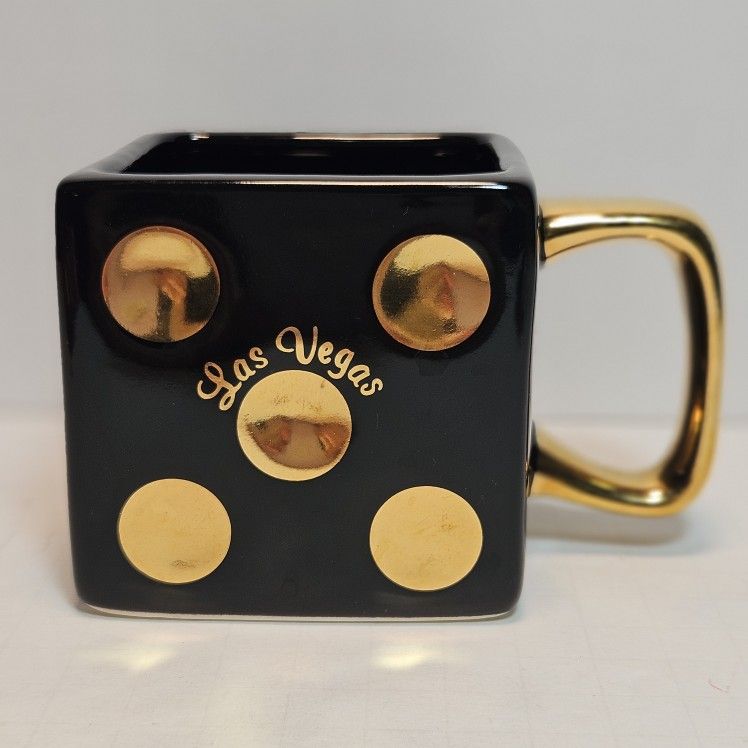 Square Las Vegas Dice Shaped Black/Gold Coffee Mug approx. 3.25" square