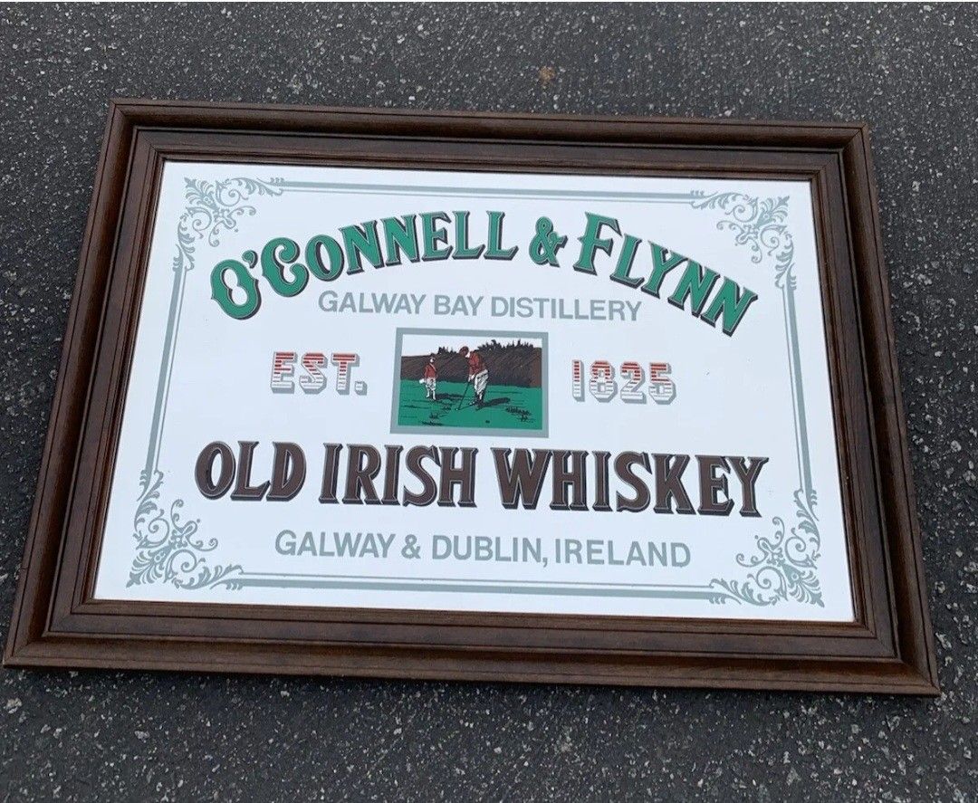VINTAGE O'Connell & Flynn Galway Bay Distillery Old Irish Whiskey Bar Mirror 32x22"