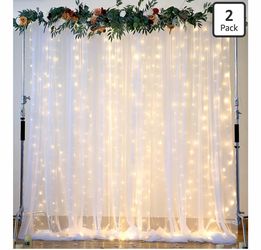 White Tulle Backdrop Curtain with Lights String for Parites 10×8ft Sheer Backdrop Curtains