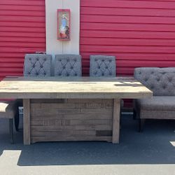 Like New Dining Grey Reclaimed Wood StyleTable With Bench and 4 Chairs