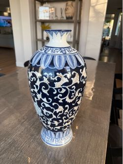 Vintage 17" Tall Large Vase Cobalt Blue And White
