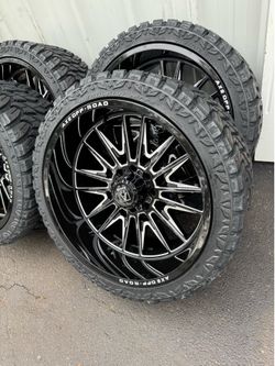 NEW 24x12 axe offroad wheels wrapped in 33x12.50R24 LT rbp tires 8 lug 8x6.5 bolt pattern