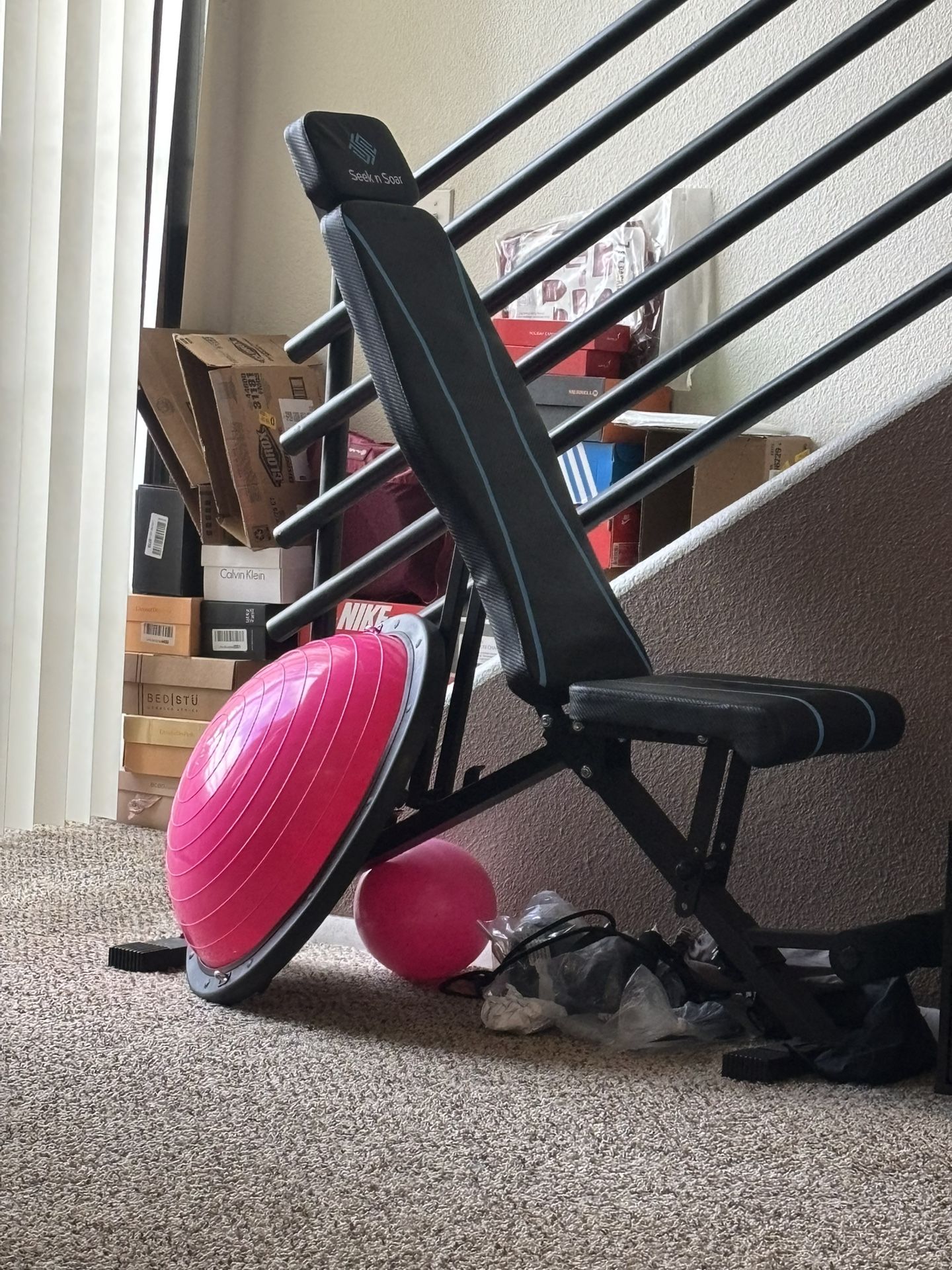 Workout Bench, Weight Bar, BOSU ball W/ Attachments
