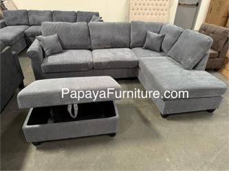 NEW Dark Grey Fabric Sectional Sofa and Chaise Lounge Set with FREE STORAGE OTTOMAN Ashley Style Discount BIG Modern Couch Clearance SALE Many Colors