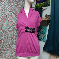 Discreet Short Sleeve Pink Buckle Strap Top, Size M