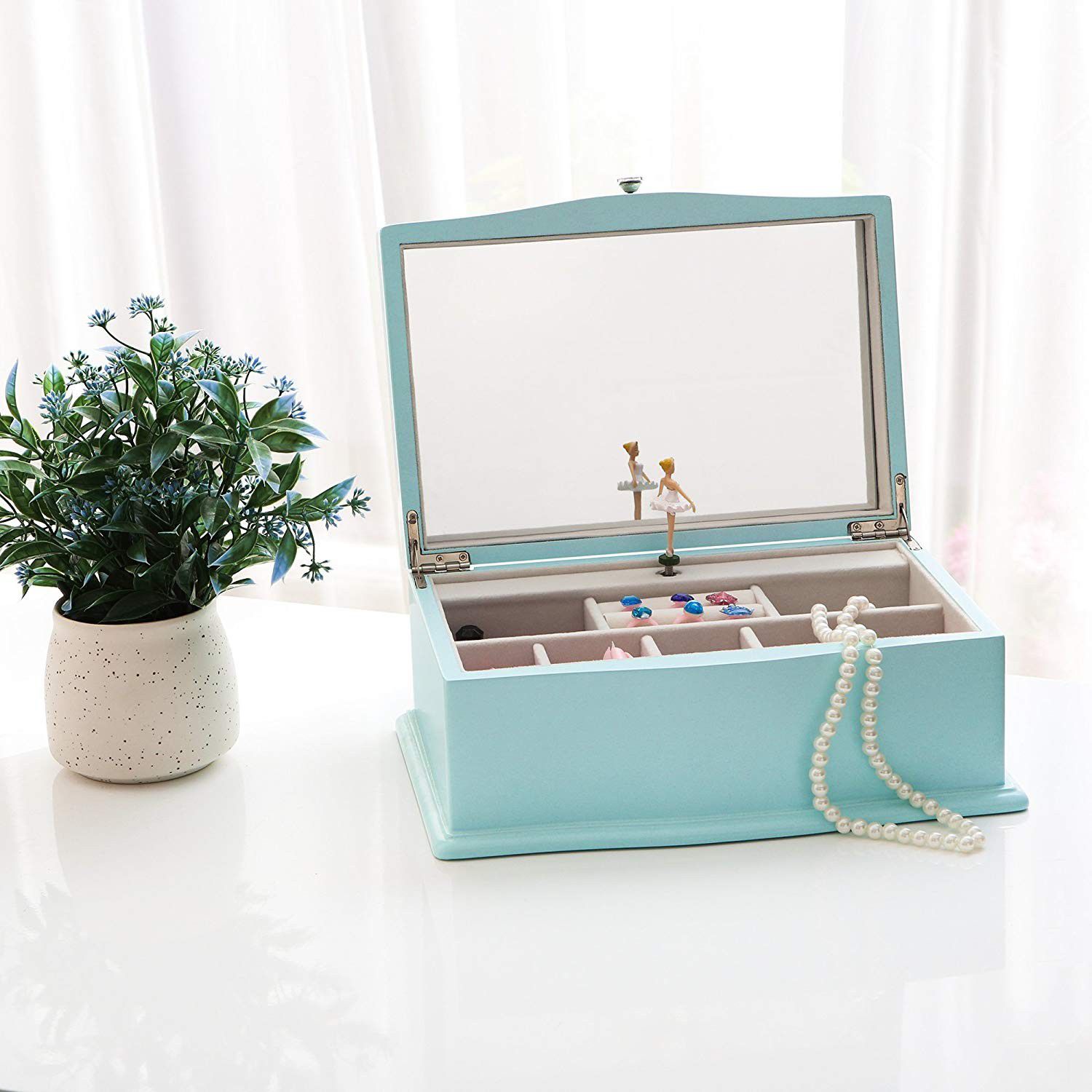 NEW Jewelry Music Box with Ballerina Girls Music Unique Tiffany Blue Wooden Musical Box with Large Mirror