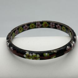 Asian Double Enameled Bangle Bracelet 7 1/2 Black Floral Good Condition 