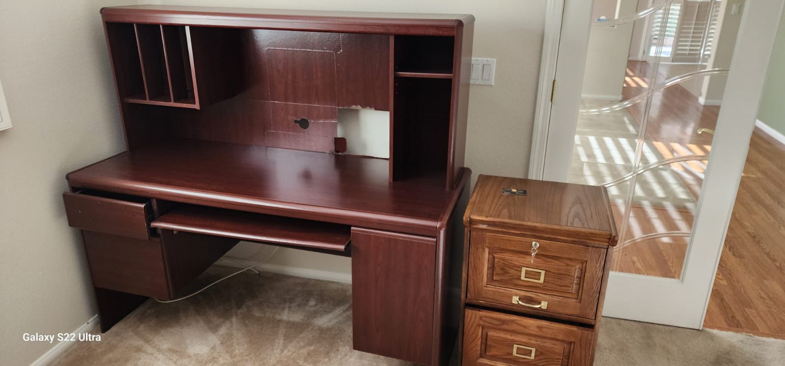 Dark Wood Desk And Small Wood Filing Cabinet Drawers 