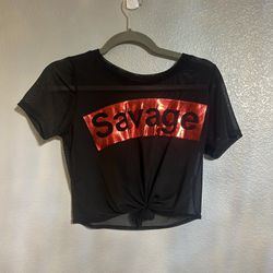 Women’s black / red mesh see-through front tie graphic shirt crop top size small
