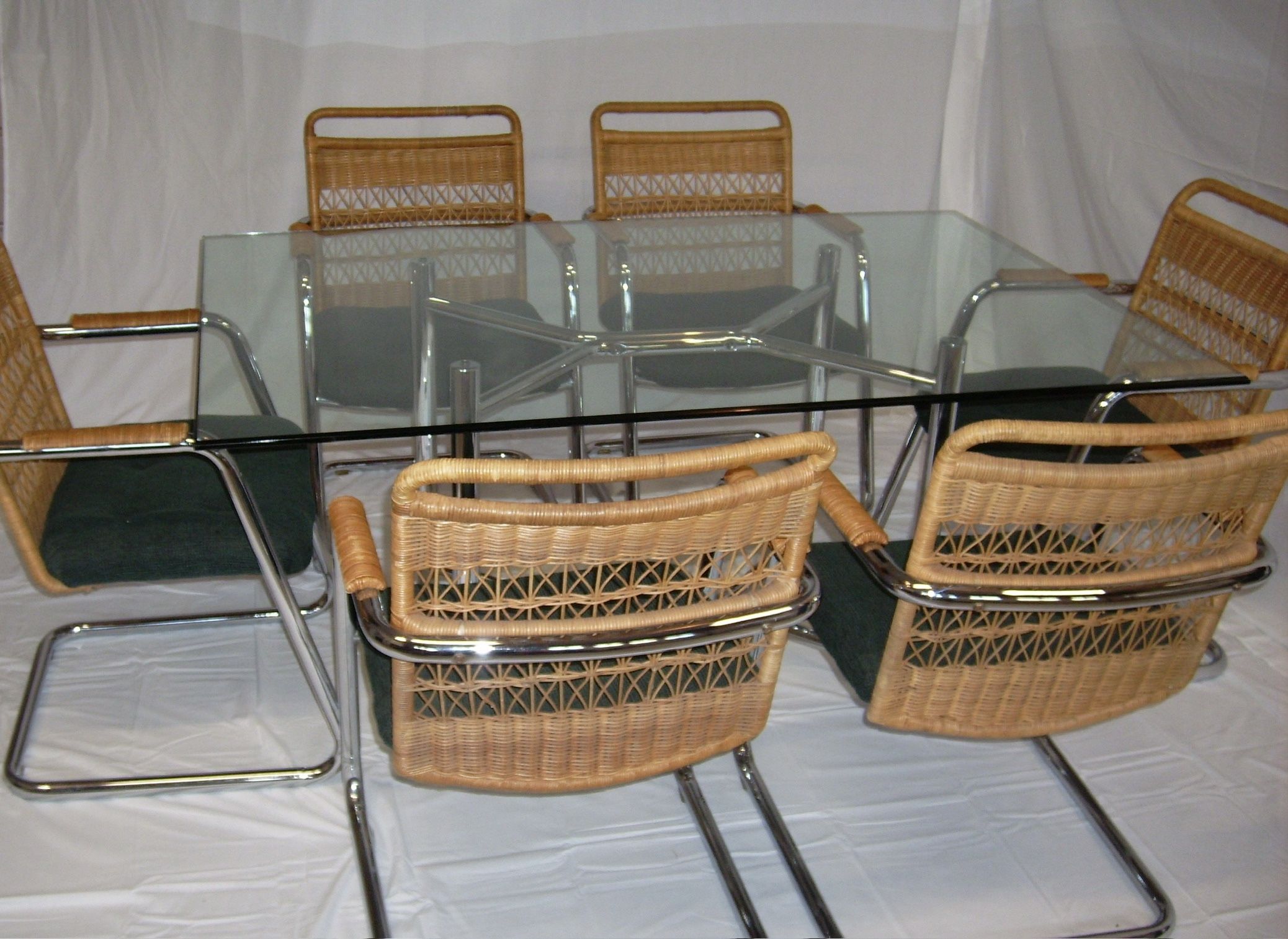 1970s Chrome/Glass Table with Rattan Chairs Dining Set