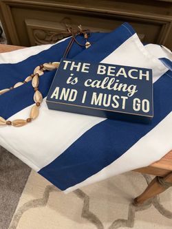 Blue and white nautical, shower curtain, beach, sign, and shells