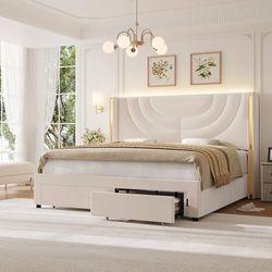 King Size Upholstered Platform Bed Frame, Beige Velvet Bedframe with Storage Drawers, Wingback with Golden Trim, Solid Wooden Slats, No Box Spring Nee