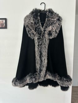 Black & Silver Faux Fur Trimmed Knit Cape / Shawl