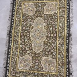 Large Antique Hand Embroidered Silk Gold Thread Floral Textile Panel 45” x 29”