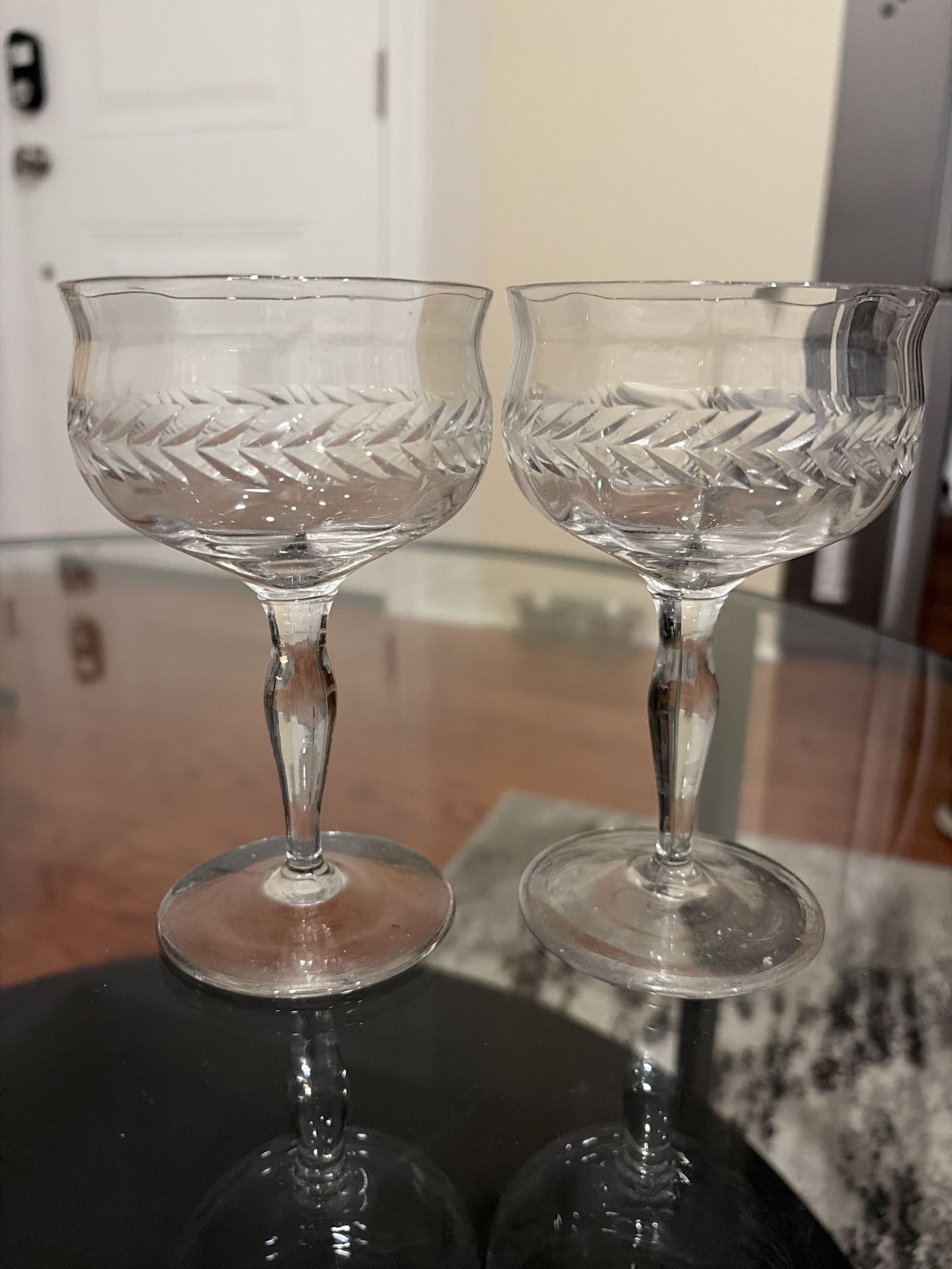 Vintage Crystal Champagne Coupes (Pair of 2) Leaf/Laurel pattern Mid Century