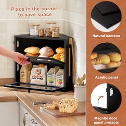 Corner Bread Box for Kitchen Countertop, Double Layer Under Cabinet Organizer (Black, Extra Large)