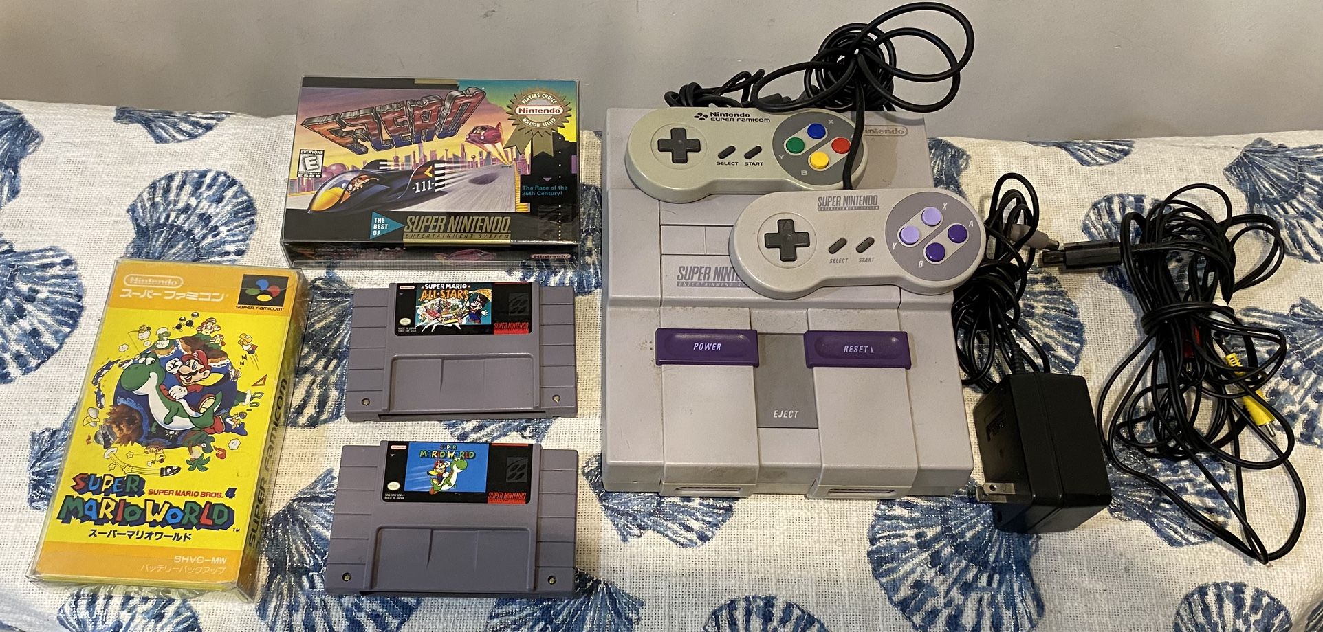Super Nintendo SNES Bundle - 2 Controllers -Super Mario & F-Zero Games