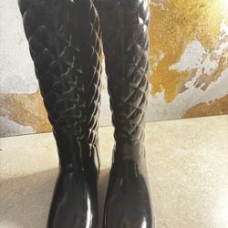 Hunter Refined Gloss Quilt Tall Rain Boots Black - Women's Size US 7 / EU 38