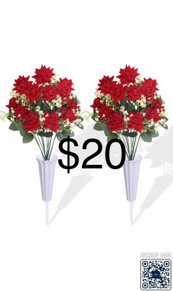 Lodou Artificial Cemetery Flowers – Artificial Rose Memorial Flowers with Vase,Headstone Flower Silk Grave Flowers for Cemetery Memorial for Outdoor G