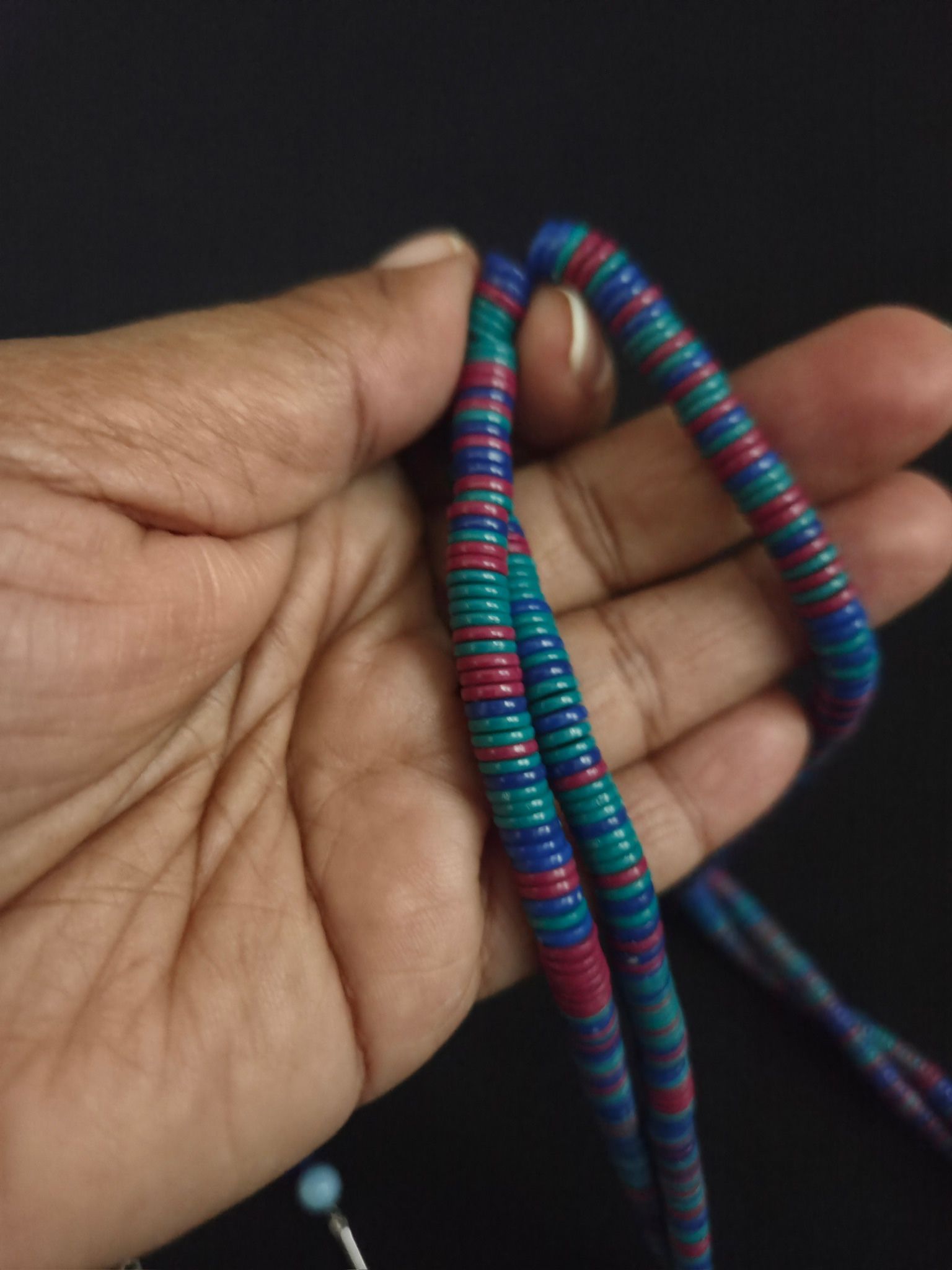 Vtg Flat Disk Beaded 35" Necklace Red Green Blue Hard Plastic