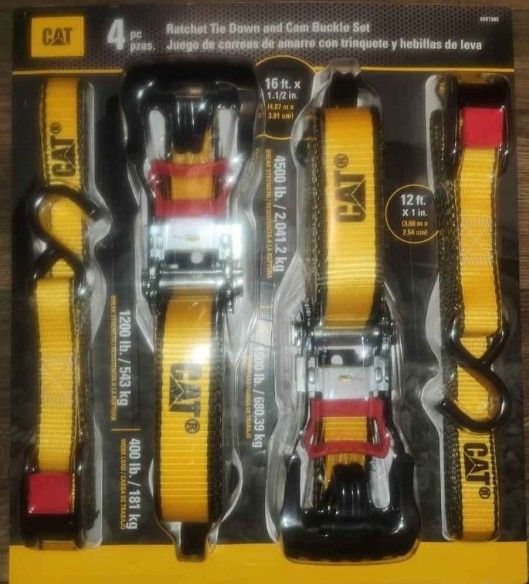 Cat 4 Piece Ratchet Tie Down & Cam Buckle Set 16' X1 1/2" BRAND NEW FACTORY SEALED PACKAGE
